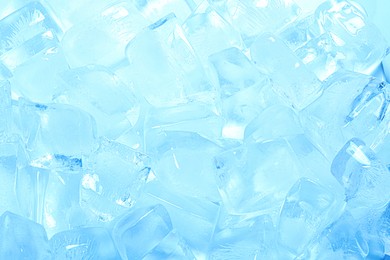 Photo of Cubes of clear ice as background, closeup