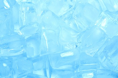 Photo of Cubes of clear ice as background, closeup
