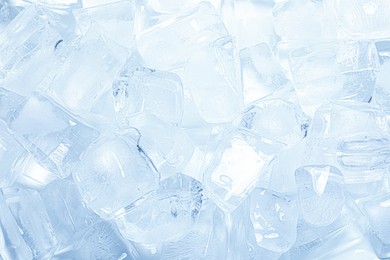 Photo of Cubes of clear ice as background, closeup