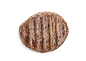 Photo of One delicious hamburger patty isolated on white, top view