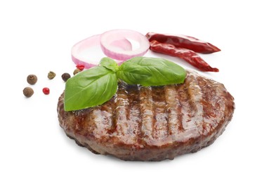 Photo of Delicious hamburger patty and spices isolated on white