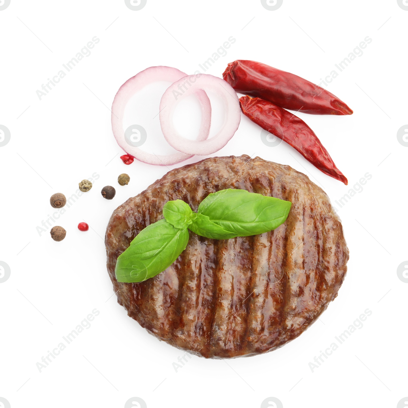 Delicious hamburger patty and spices isolated on white, top view Photo of Delicious hamburger patty and spices isolated on white, top view