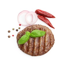 Photo of Delicious hamburger patty and spices isolated on white, top view