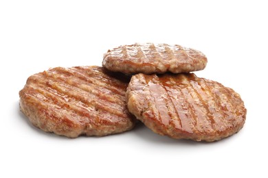 Photo of Three delicious hamburger patties isolated on white