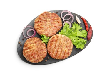 Photo of Delicious hamburger patties and spices isolated on white, top view