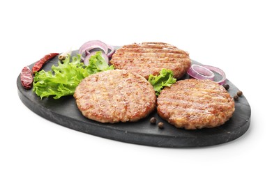 Photo of Delicious hamburger patties and spices isolated on white
