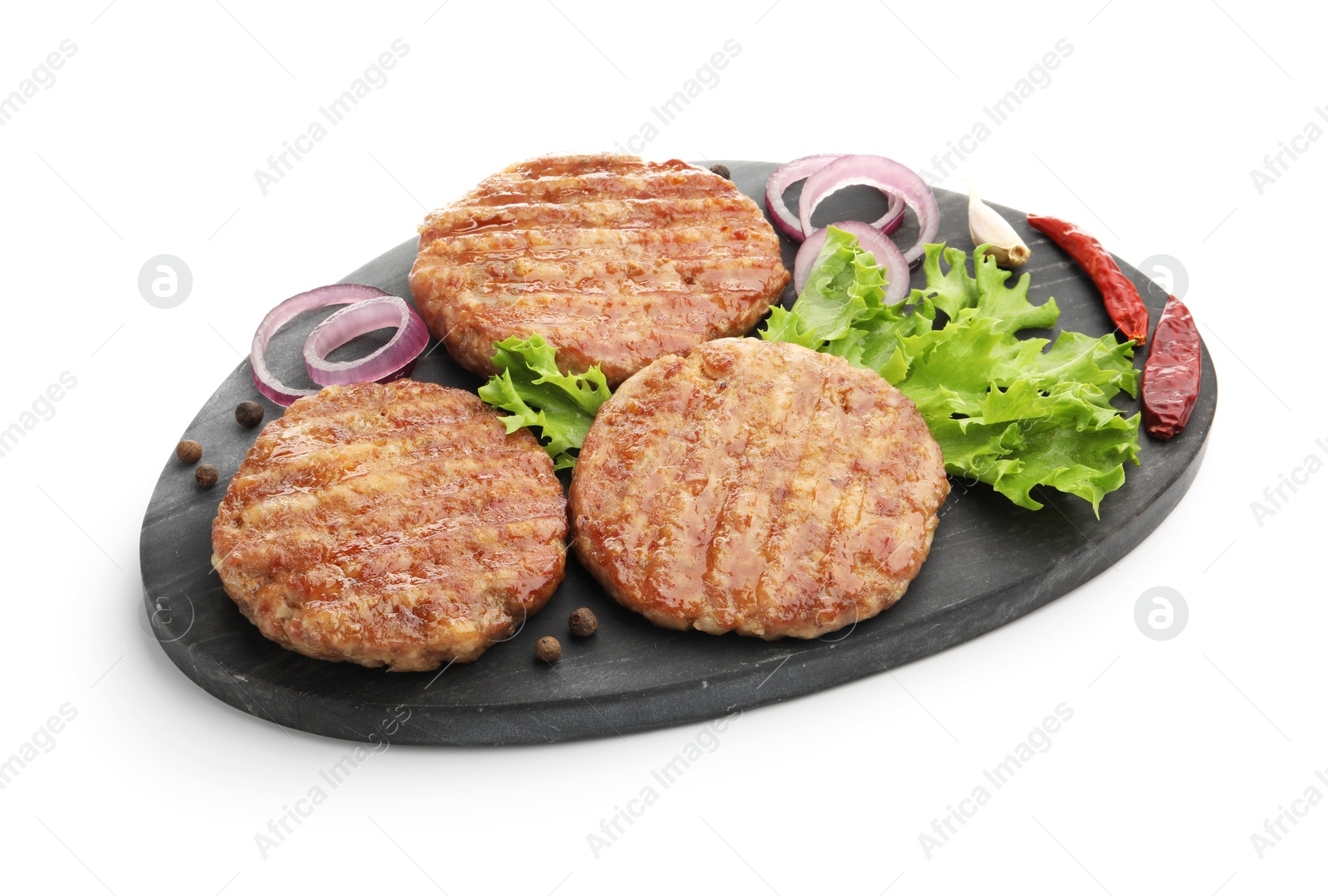 Delicious hamburger patties and spices isolated on white Photo of Delicious hamburger patties and spices isolated on white