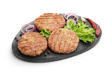 Photo of Delicious hamburger patties and spices isolated on white