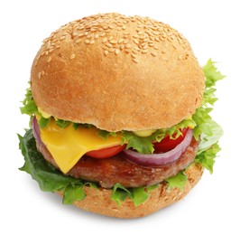 Photo of Delicious hamburger with patty and cheese isolated on white