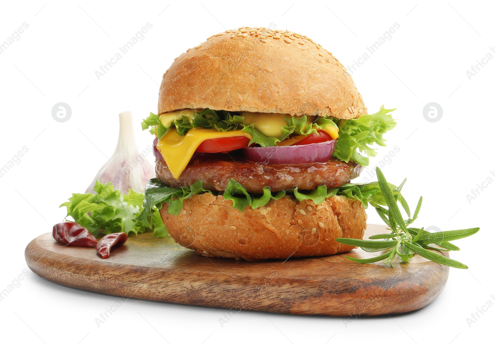 Delicious hamburger with patty and cheese isolated on white Photo of Delicious hamburger with patty and cheese isolated on white