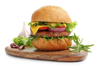 Photo of Delicious hamburger with patty and cheese isolated on white