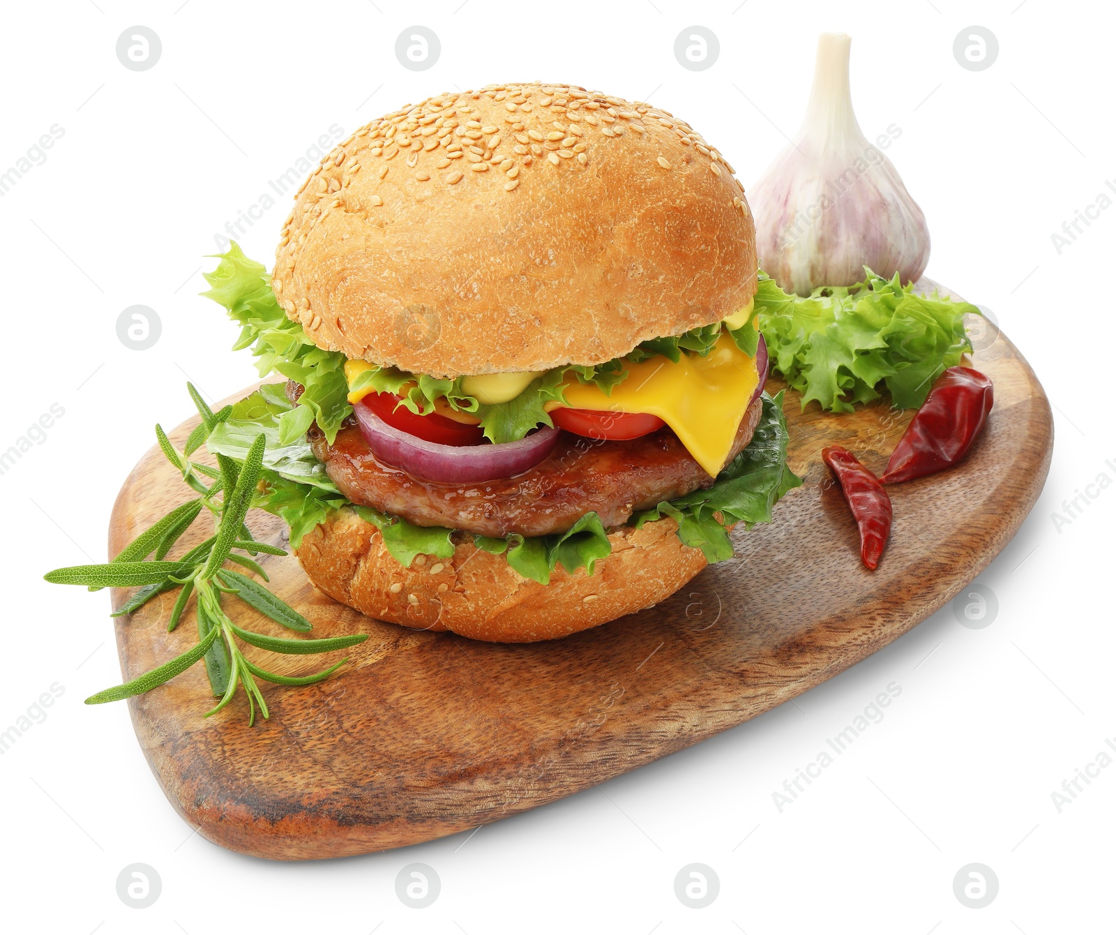 Delicious hamburger with patty and cheese isolated on white Photo of Delicious hamburger with patty and cheese isolated on white