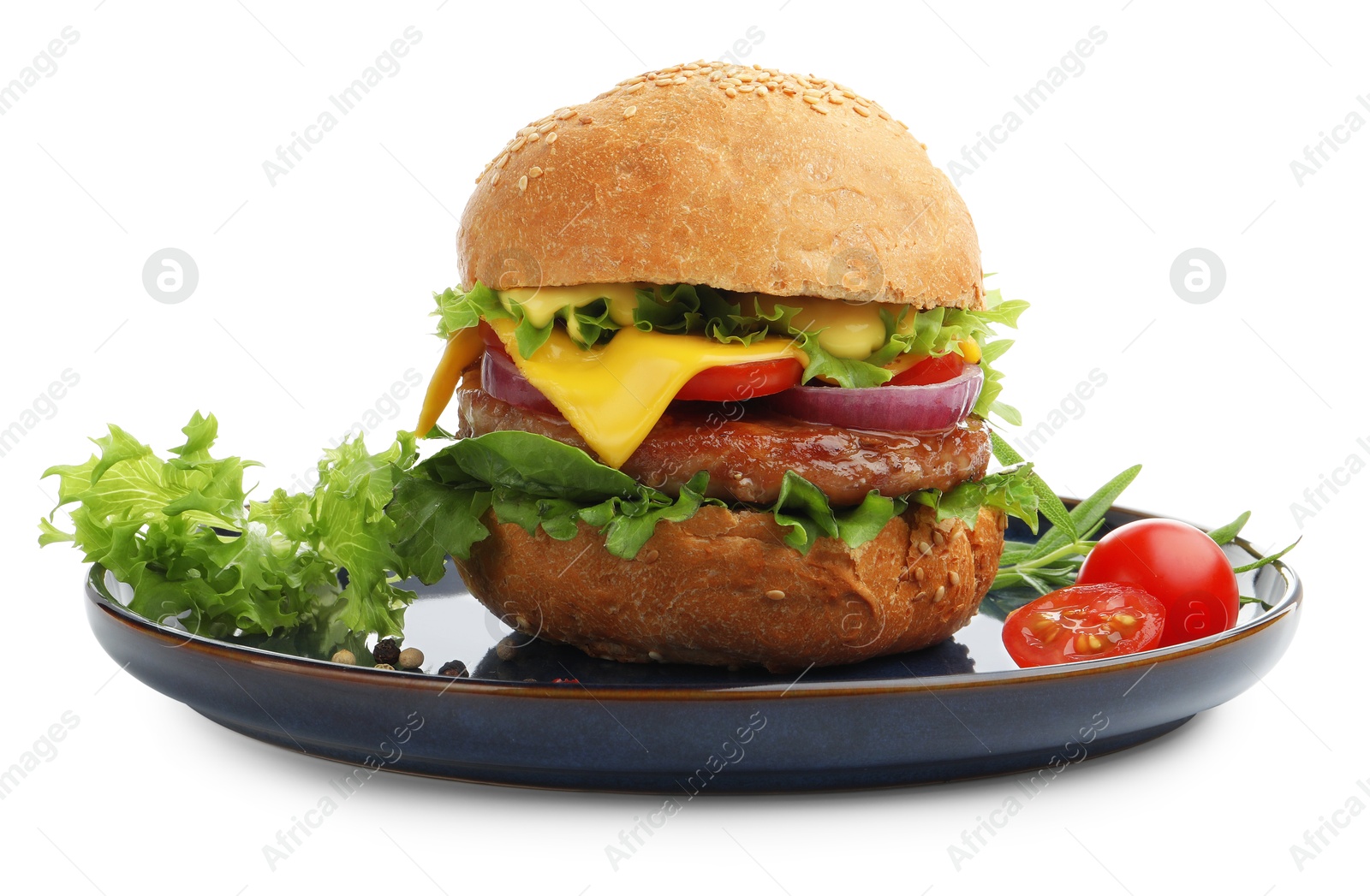 Delicious hamburger with patty and cheese isolated on white Photo of Delicious hamburger with patty and cheese isolated on white