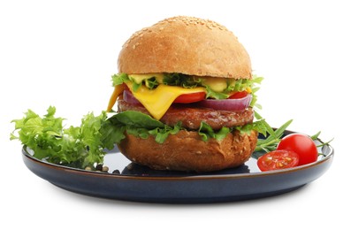 Photo of Delicious hamburger with patty and cheese isolated on white