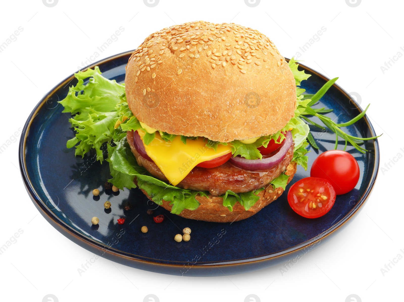 Delicious hamburger with patty and cheese isolated on white Photo of Delicious hamburger with patty and cheese isolated on white
