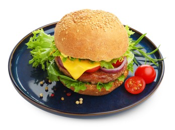 Photo of Delicious hamburger with patty and cheese isolated on white
