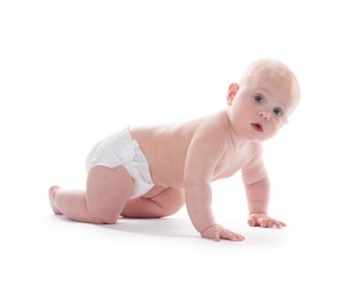 Photo of Cute little baby crawling on white background