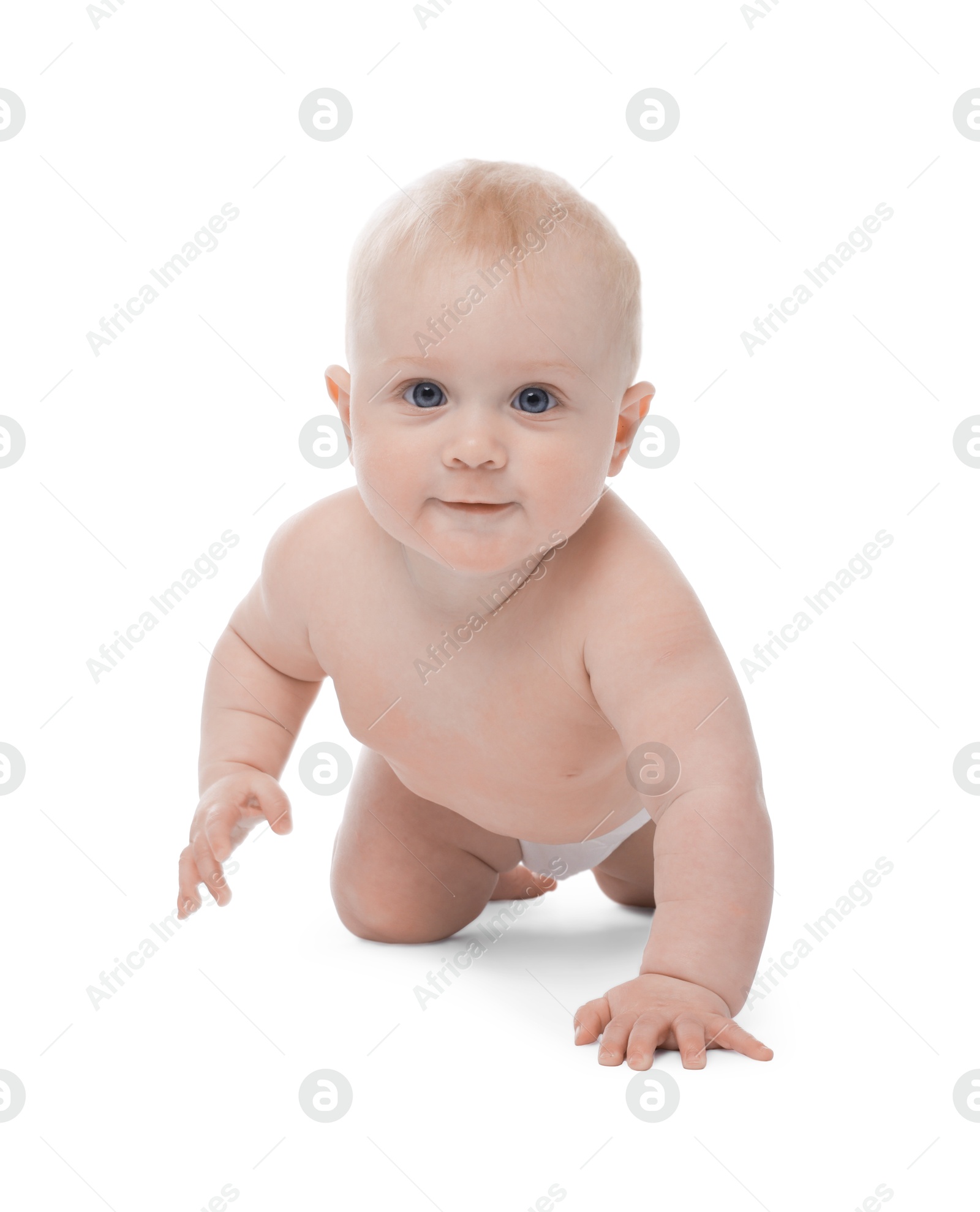 Cute little baby crawling on white background Photo of Cute little baby crawling on white background