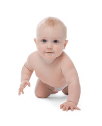 Photo of Cute little baby crawling on white background