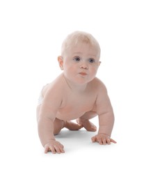 Photo of Cute little baby crawling on white background