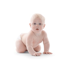Photo of Cute little baby crawling on white background