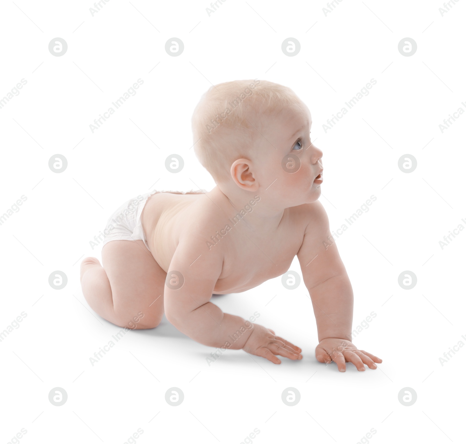Cute little baby crawling on white background Photo of Cute little baby crawling on white background