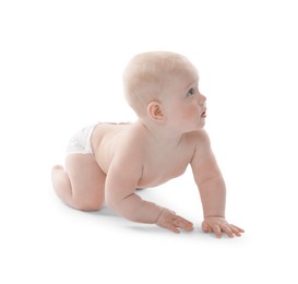 Photo of Cute little baby crawling on white background