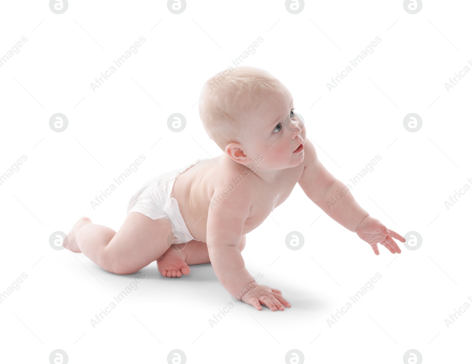 Cute little baby crawling on white background Photo of Cute little baby crawling on white background