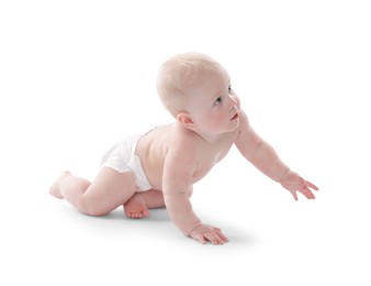 Photo of Cute little baby crawling on white background