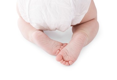 Photo of Cute little baby in diaper on white background, closeup
