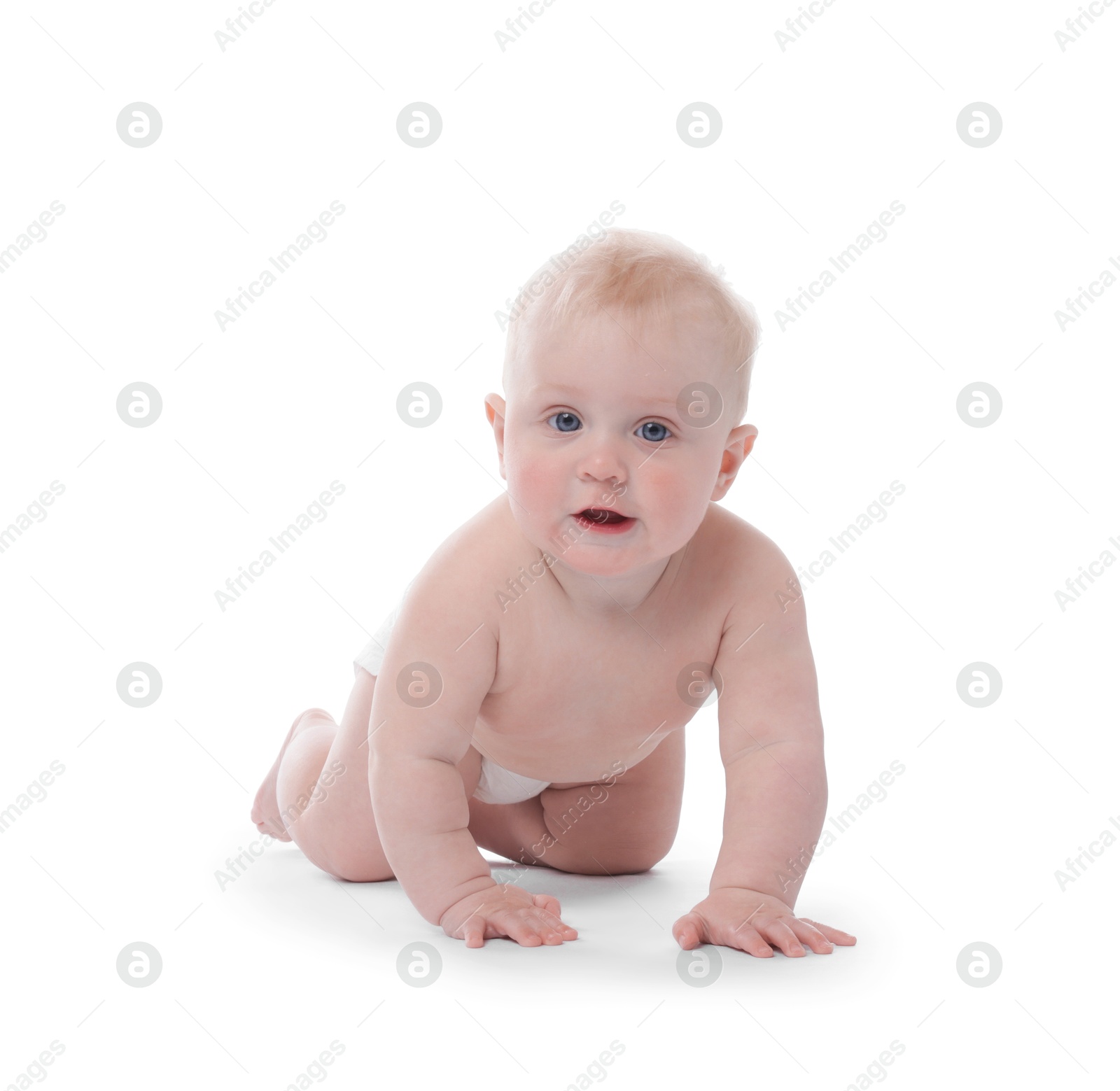 Cute little baby crawling on white background Photo of Cute little baby crawling on white background