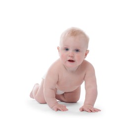 Photo of Cute little baby crawling on white background