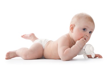 Photo of Cute little baby with knitted toy bunny on white background