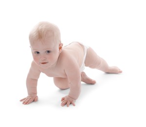 Photo of Cute little baby crawling on white background
