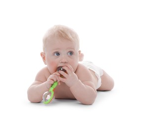 Photo of Cute little baby with rattle on white background