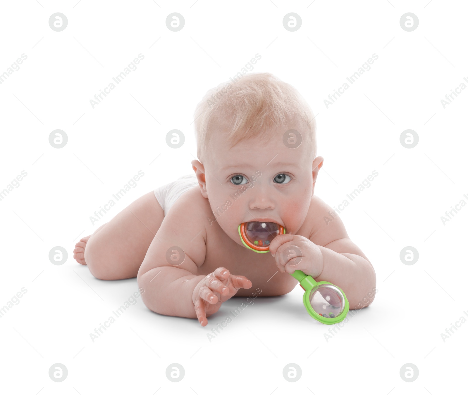 Cute little baby with rattle on white background Photo of Cute little baby with rattle on white background