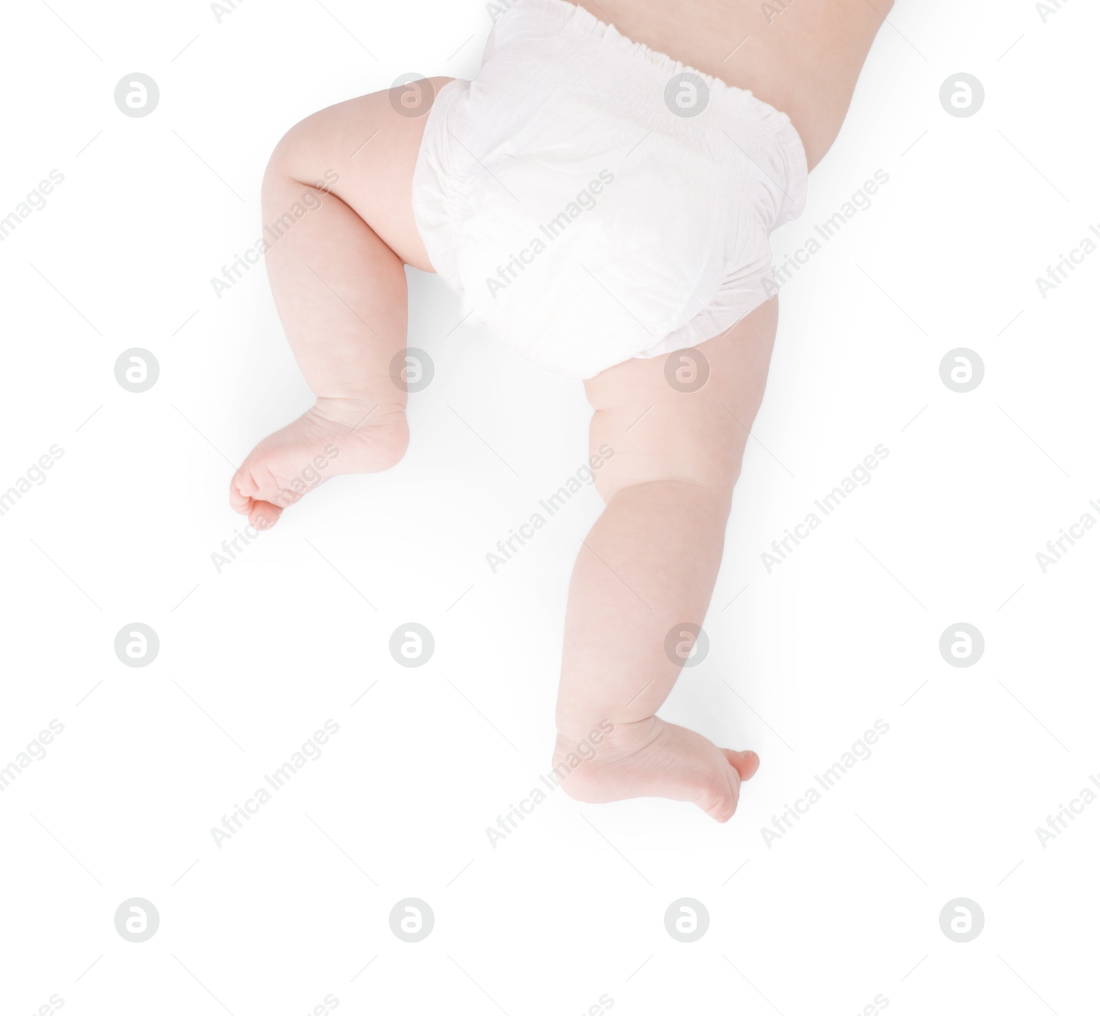 Cute little baby in diaper on white background, top view Photo of Cute little baby in diaper on white background, top view