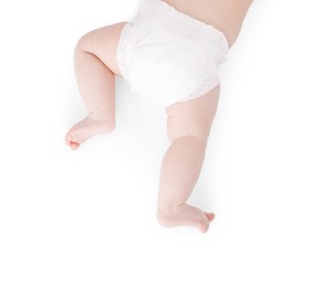 Photo of Cute little baby in diaper on white background, top view
