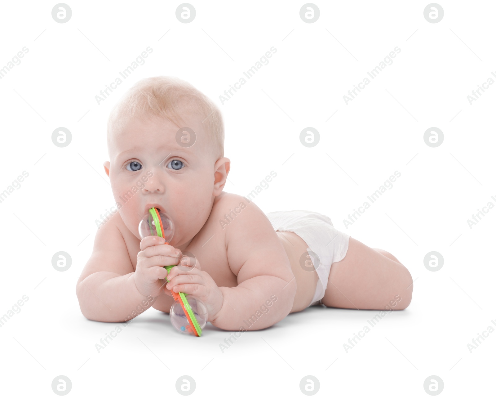 Cute little baby with rattle on white background Photo of Cute little baby with rattle on white background