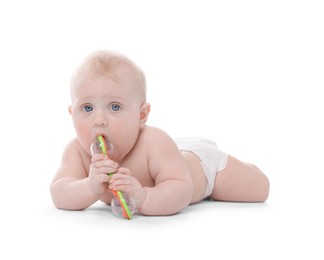 Photo of Cute little baby with rattle on white background