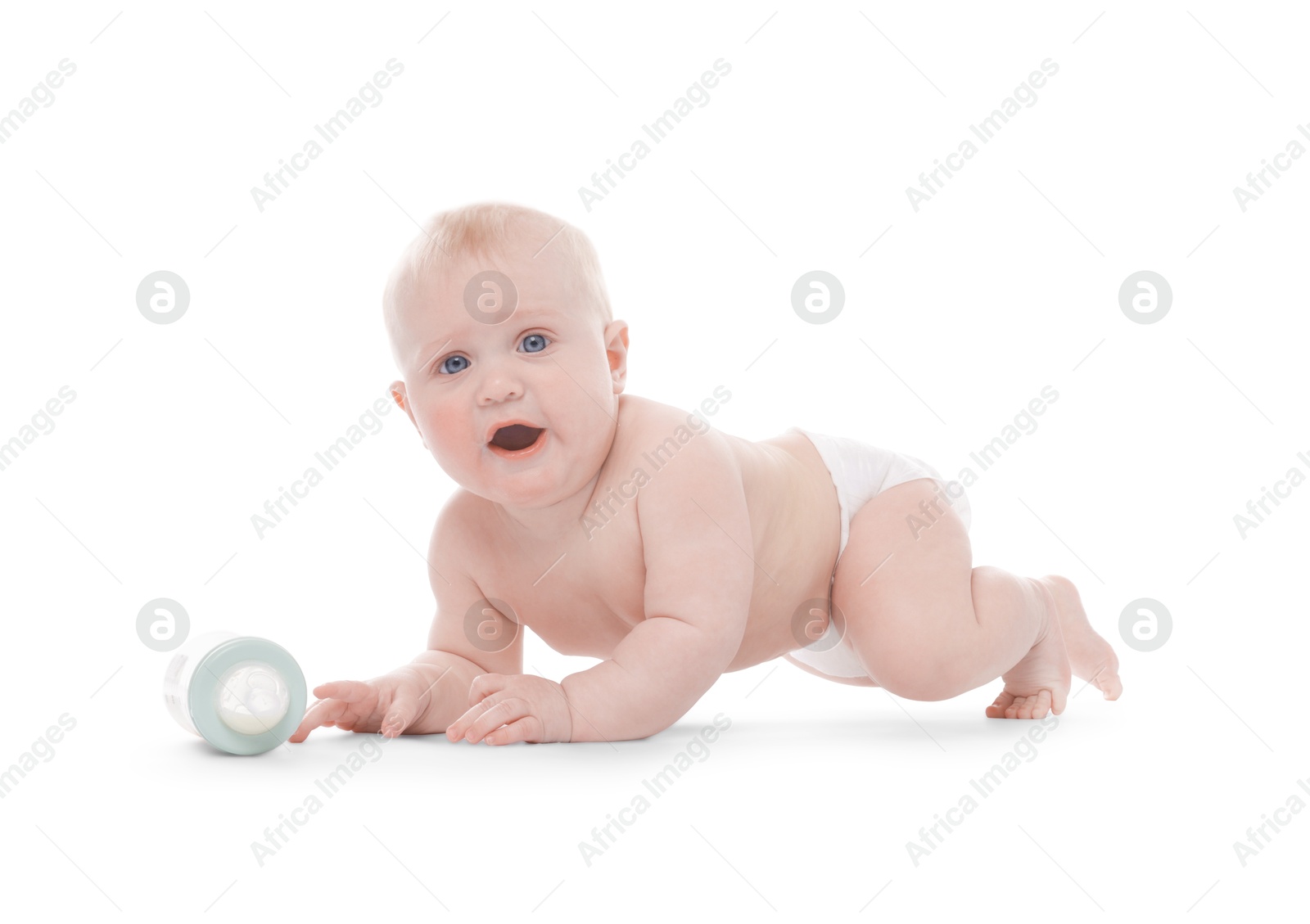 Cute little baby with feeding bottle on white background Photo of Cute little baby with feeding bottle on white background