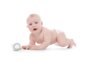Photo of Cute little baby with feeding bottle on white background