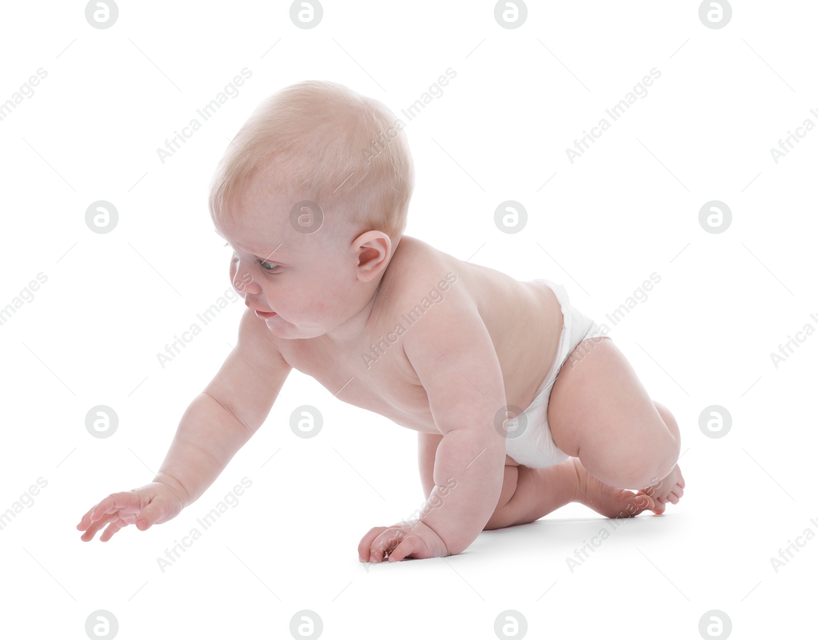 Cute little baby crawling on white background Photo of Cute little baby crawling on white background