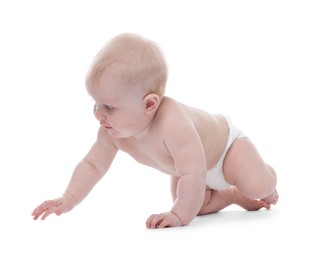 Photo of Cute little baby crawling on white background