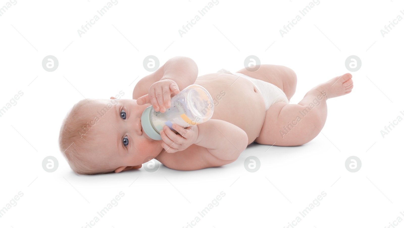 Cute little baby feeding from bottle on white background Photo of Cute little baby feeding from bottle on white background