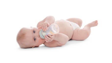 Photo of Cute little baby feeding from bottle on white background