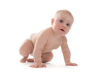Photo of Cute little baby crawling on white background