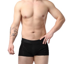 Photo of Young man in stylish black underwear on white background, closeup