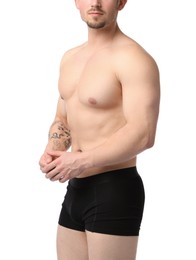 Photo of Young man in stylish black underwear on white background, closeup