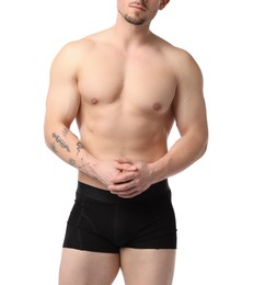 Photo of Young man in stylish black underwear on white background, closeup